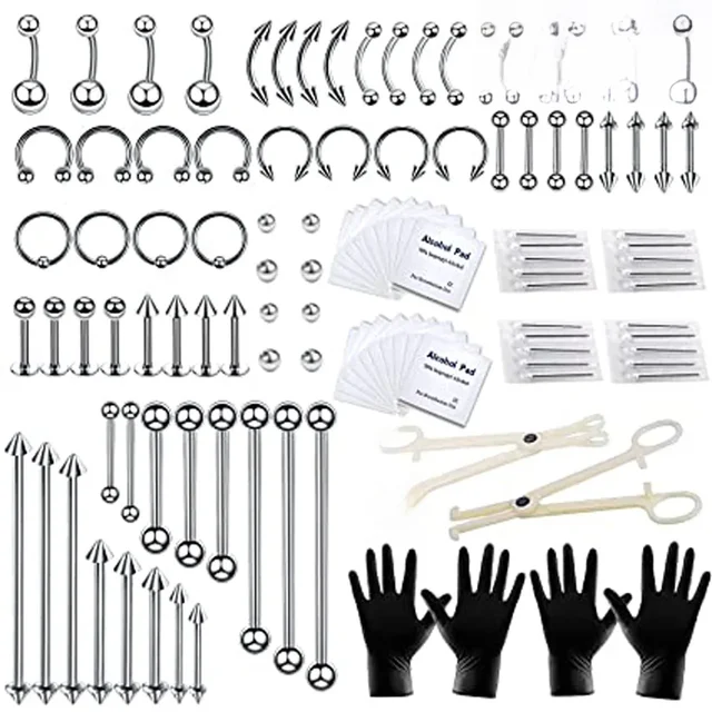 Cross-border 118-piece Set Piercing Jewelry Tools Stainless Steel Nose Ring Lip Stud Eyebrow Stud Belly Button 14g 16g-animated-img