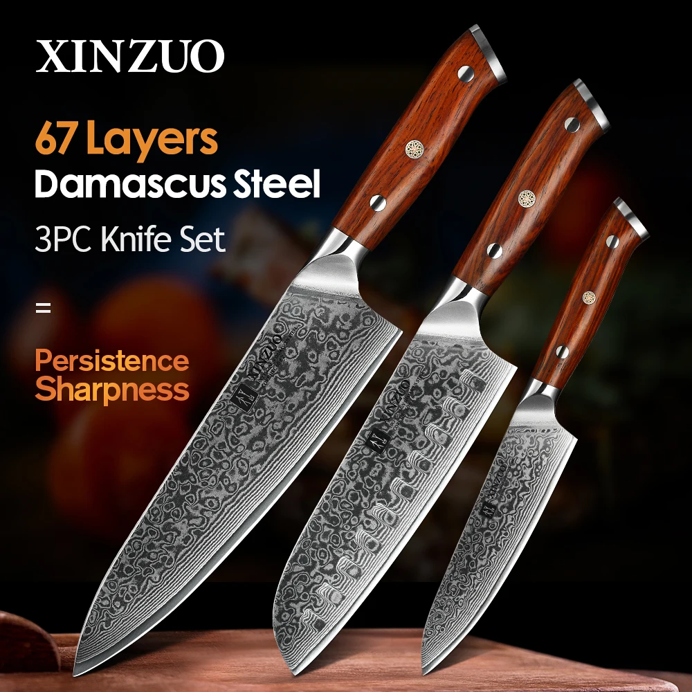 XINZUO 1PCS or 3PCS Kitchen Knife Sets Japanese Forged Damascus Steel Chef Santoku Knives Stainless Steel Rosewood Handle-animated-img