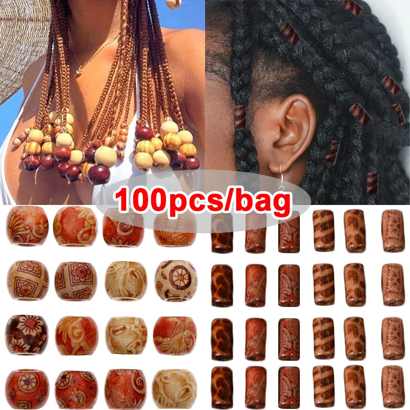 100pcs Wooden Dreadlock Beads Vintage Wood Loose Bead For Hair Braids Bracelet DIY Jewelry Making Bead Hair Braiding Accessories-animated-img