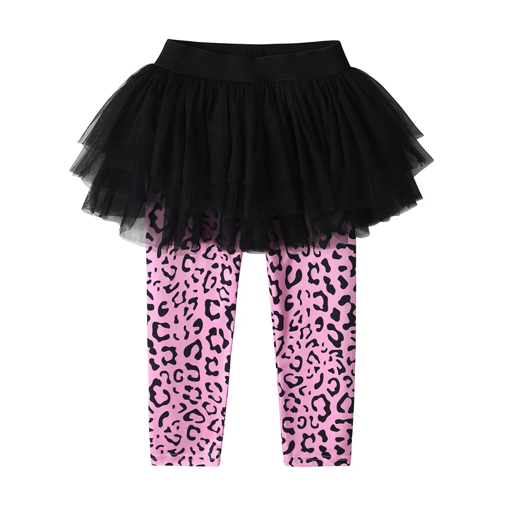 VIKITA Girls Leggings Kids Leopard Print Skinny Pencil Pants Trousers with Tulle Mesh Layered Tutu Skirts Fake 2 Pcs Pantskirt-animated-img