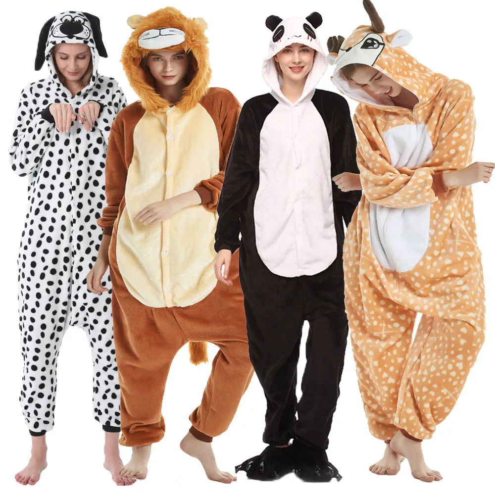 Adults Kigurumi Lion Panda Deer Dalmatians Animal Overall Hooded Jumpsuit with Zipper Women Pajamas One Piece Pijamas Plus Size-animated-img