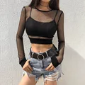 Women Mesh Hollow Out Cropped T-shirts Summer Lady O-Neck Long Sleeve Thin Mesh Tops CKFZ-5897 preview-4