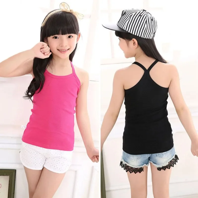 Summer Cotton Girls Vest Sleeveless Tops Solid Color T-shirts Tees Kids Children Top Baby Girl Casual Clothes Tshirt 2-12 Years-animated-img