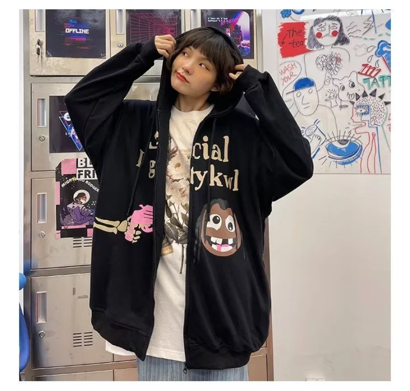Kawaii Clothes Fun Cartoon Printing Kpop American Retro Y2k Foaming Goth Women Clothing Hip Hop Street Loose Hooded Cardigan