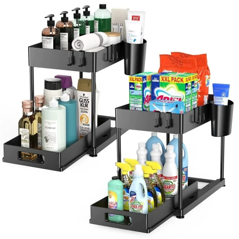 2-Tier Under Sink Organizer, Sliding Storage Drawer Basket Organizer with  Hooks, Hanging Cup, ABS Material