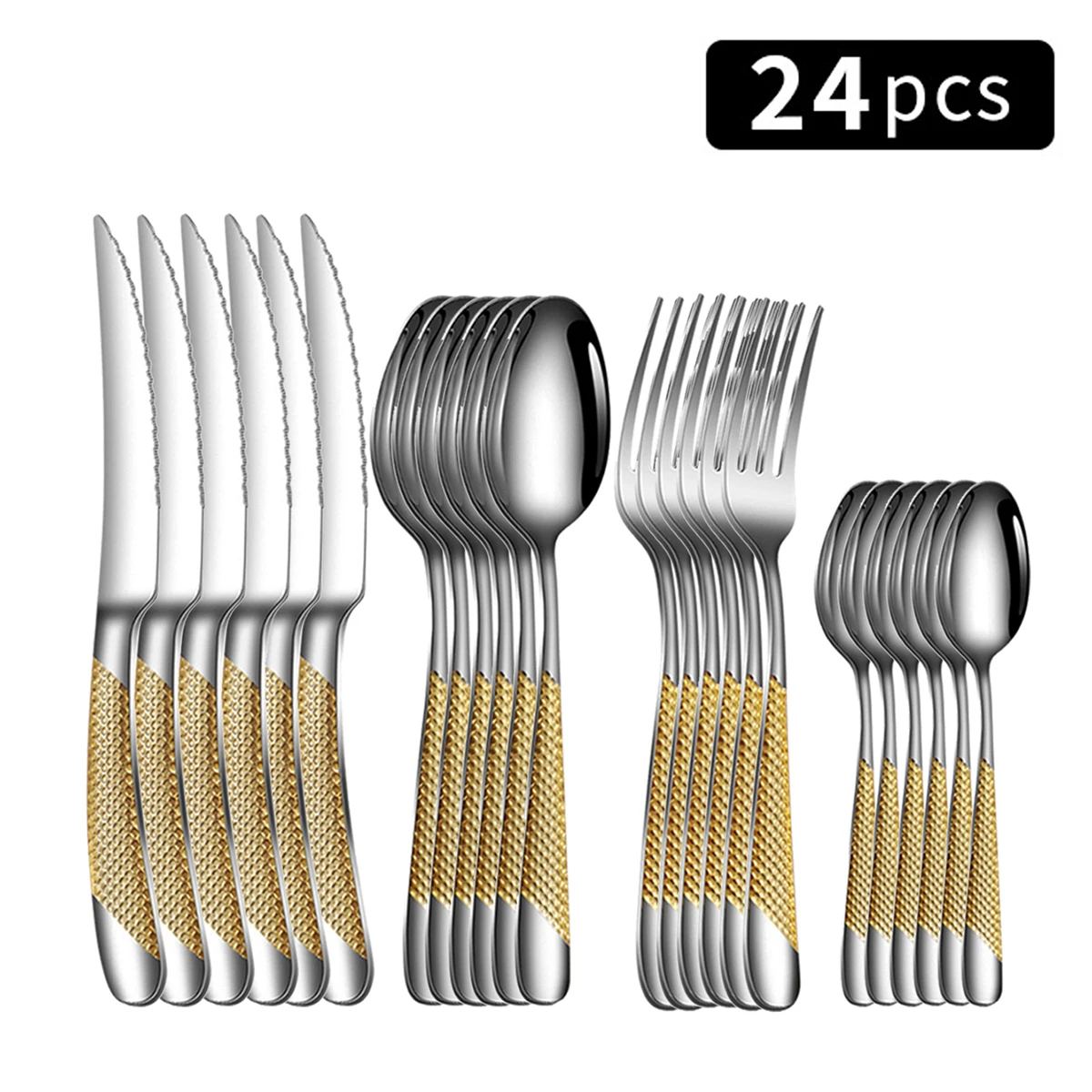 24pc Stainless steel tableware star steak knife and fork dessert fork spoon family suits-animated-img