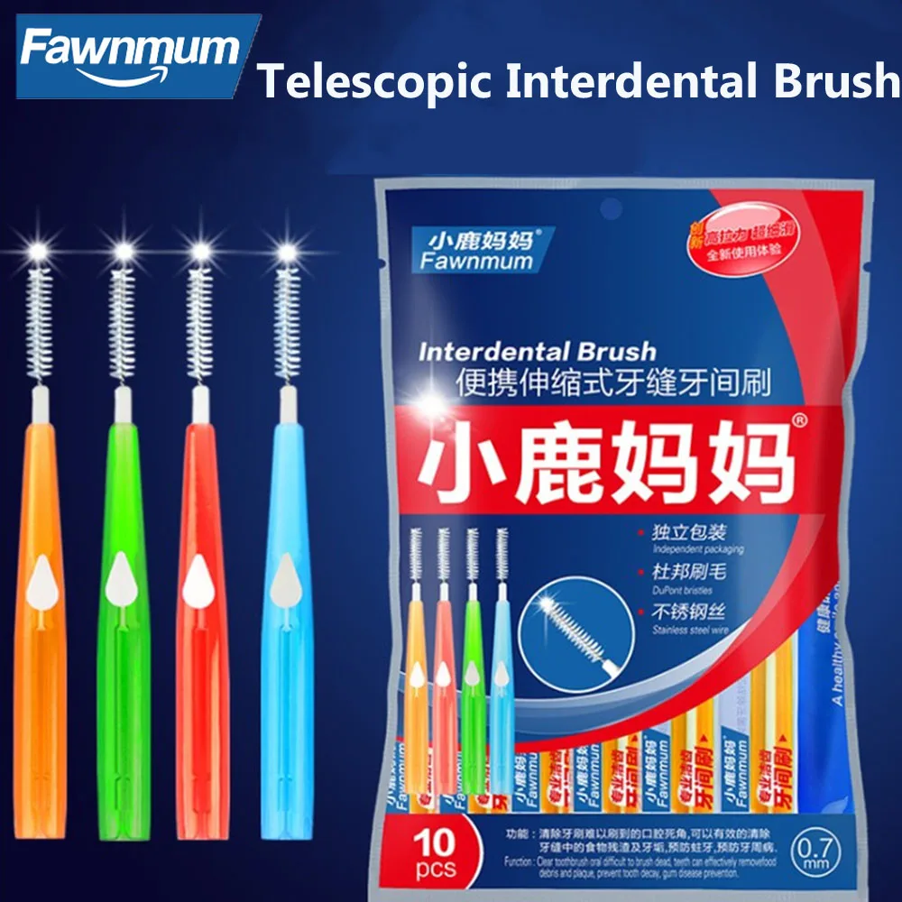 Fawnmum 10pcs Retractable Interdental Brush 0.6-1.0mm Soft Bristle Toothbrush Clean Between Teeth Push-Pull Brush For Oral Care-animated-img