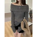 Sexywhite Elegant Off-The-Shoulder Knitted Sweater Base Layer Top For Women Slimming Inner Wear Outer Wear Chinese Landscape Pat preview-4