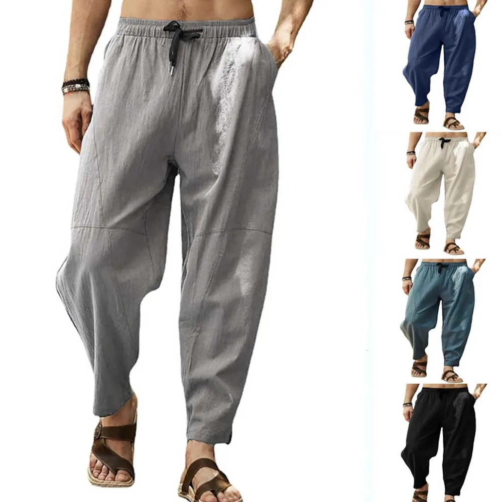 Men's Cotton Linen Pants Male Autumn New Breathable Solid Color Linen Trousers Fitness Pocket Pencil Pants M-5XL YLX061-animated-img