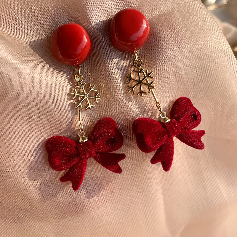 Christmas Red Bow Drop Earring For Women Exquisite Temperament Bowknot Snowflake Long Earrings Girls New Year Party Jewelry Gift-animated-img