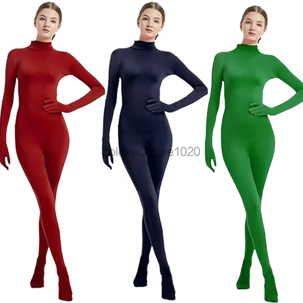 New Women Ninja Invisible Man Costume Black Green Stretch Adult Turtleneck Long Sleeve Full Body Zentai Stage Performance Wear-animated-img