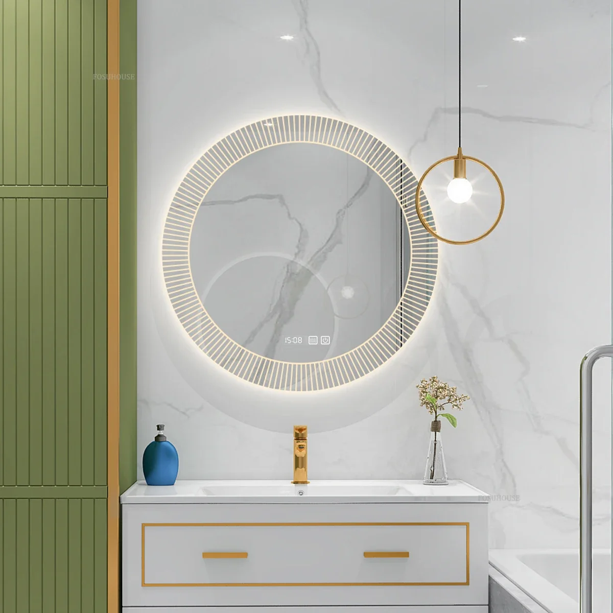 Modern Style Smart Bath Mirrors Wall Mounted Toilet Round Mirrors Home Bathroom Led Luminous Dressing Mirror with Touch Screen-animated-img