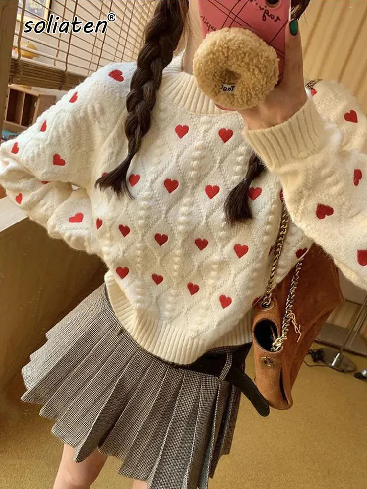 Women Fashion Heart Love Embroidery Knitted Pullover Sweater Vintage Long Sleeves O-Neck Female Chic Lady Tops C-153-animated-img