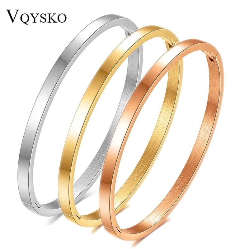 VQYSKO 4mm Stainless Steel Glossy Stackable Thin Bangle Bracelet for Women Solid Plain Polished Bracelet Best Gifts for Love-animated-img