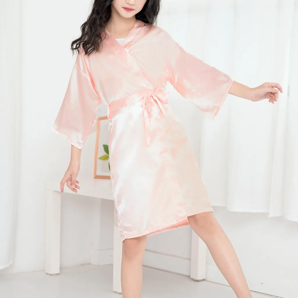 2~9 Years Bathrobes Kids Girls Solid Silk Satin Kimono Robes Summer Sleepwear Toddler Baby Girl Nightgown Clothes Bow Dress 5t-animated-img