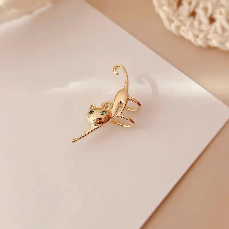 1 pc Retro Cute Cat Ear Clips For Women Green Eyes Creative Funny Kitten Clip On Earring Without Piercing Ear Cuff Charm Jewelry-animated-img