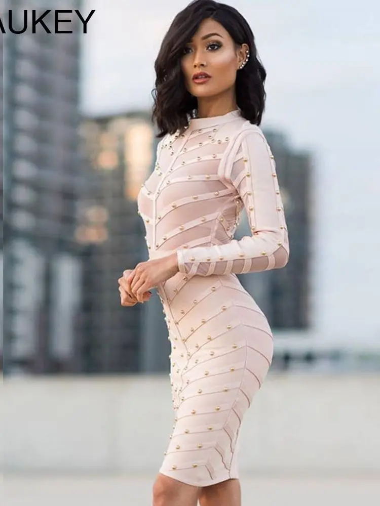 High Quality Nude Studded Rayon Clearance Long Sleeve Mesh Nail Beaded Celebrity Sexy Women 2016 Newest Sexy Bodycon  Dress-animated-img