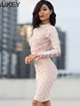 High Quality Nude Studded Rayon Clearance Long Sleeve Mesh Nail Beaded Celebrity Sexy Women 2016 Newest Sexy Bodycon  Dress