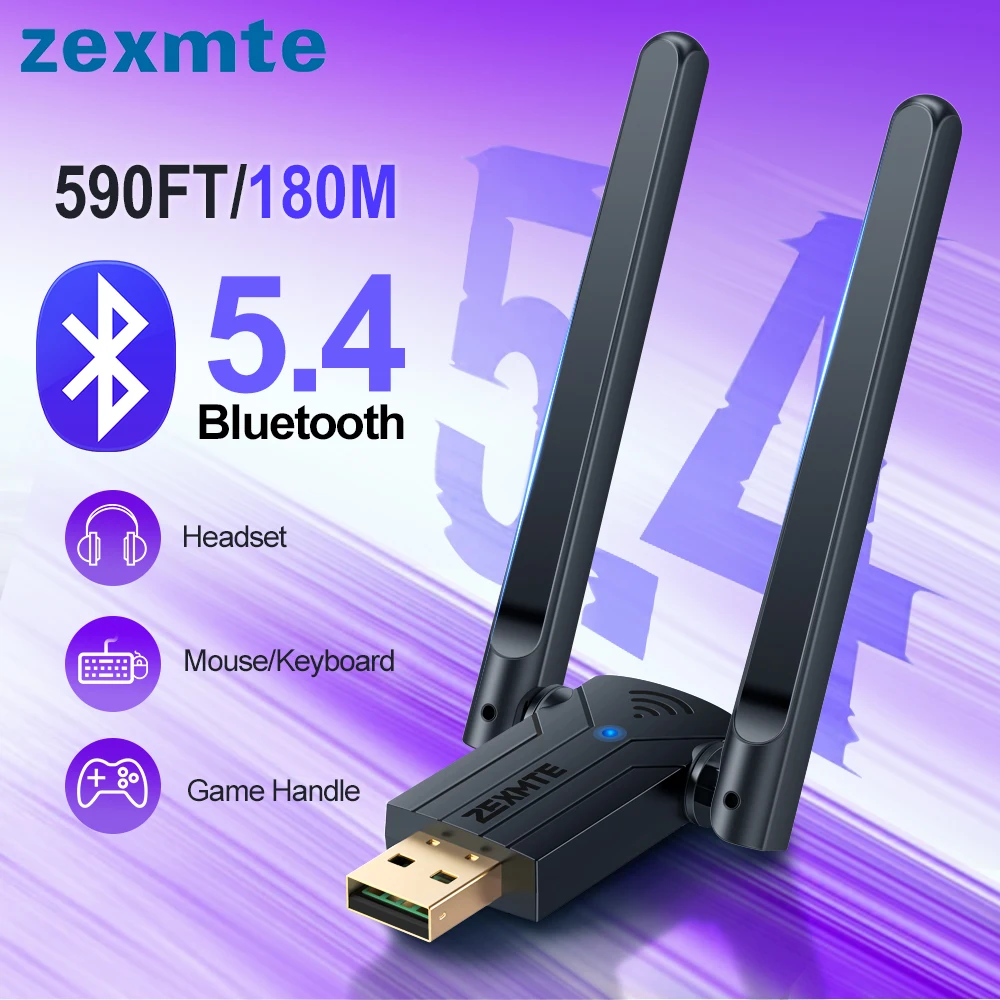 Zexmte USB Bluetooth 5.4 Adapter 590FT/180M Long Range for Windows 8/8.1/10/11 Desktop Keyboard Mouse Bluetooth Dongle Adaptador-animated-img