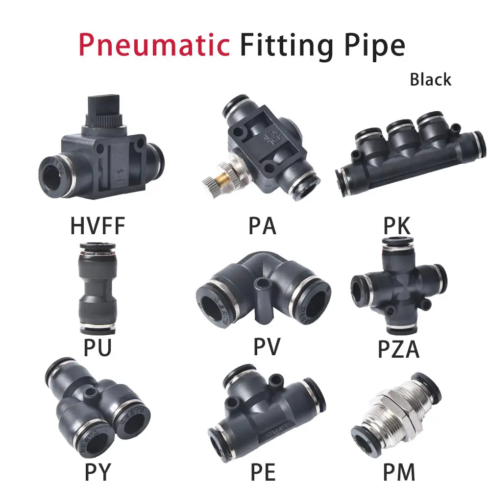 Black Pneumatic Fitting PU PE PY PV PM PK HVFF Pipe Connector Tube Air Quick Fittings Water Push In Hose Coupling 8mm 10mm 12mm-animated-img