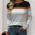 Women's Striped Round Neck Long Sleeve T-Shirt, Ladies Tops, Crew Neck Pullover, Casual Daily Shirts, Black and White Print Tee preview-4