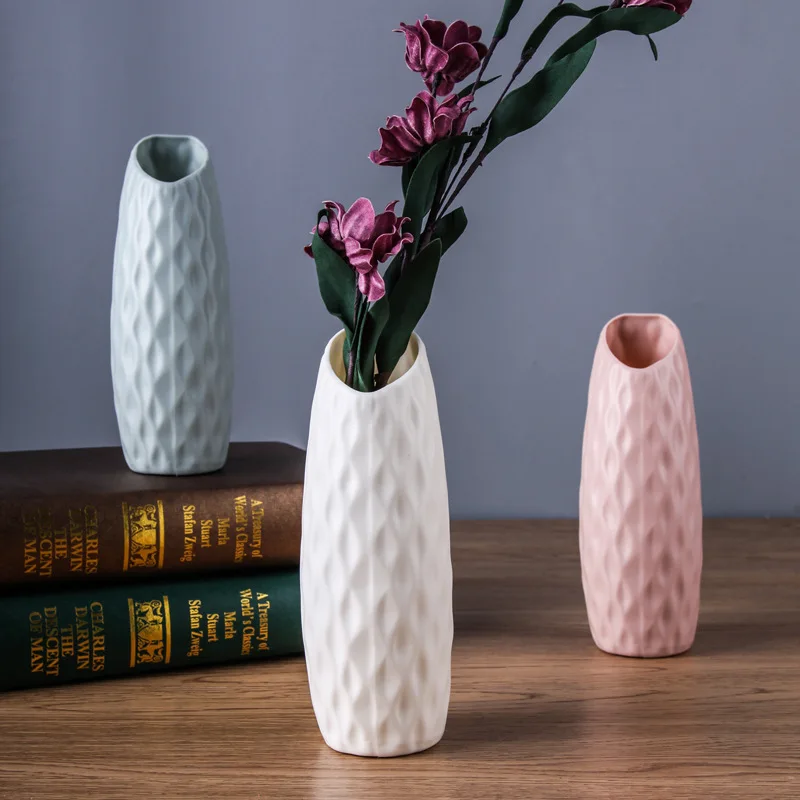 Creative Plastic Pink Vase Nordic Color Vase Ornaments Dry Flower Wet Vase Imitation Glaze jardiniere Living Room Decoration
