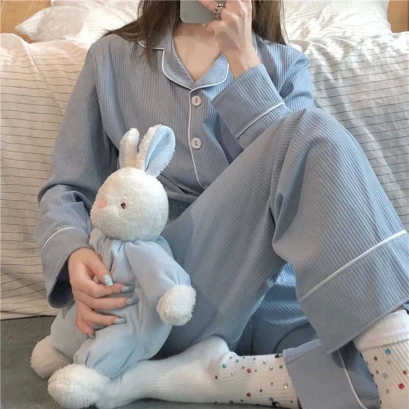 Women's Autumn Winter Long Sleeve Pajama Set Cute Plus Size Korean Style Home Wear 2-Piece Set Sleepwear For Ladies-animated-img