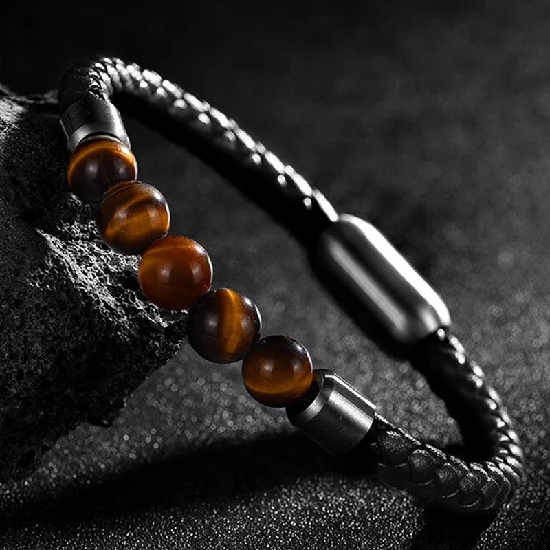 High Quality Leather Bracelet Lava Chakra Stone Beads Black Tiger Eye Bracelets Magnetic Buckle Bangles Braid Rope Chain for Men-animated-img