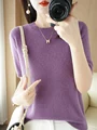 New Chic Women Summer T-shirt O-neck Short Sleeve Pullover Sweater Merino Wool Knitwear Basic Soft Clothing Korean Style Tops preview-5