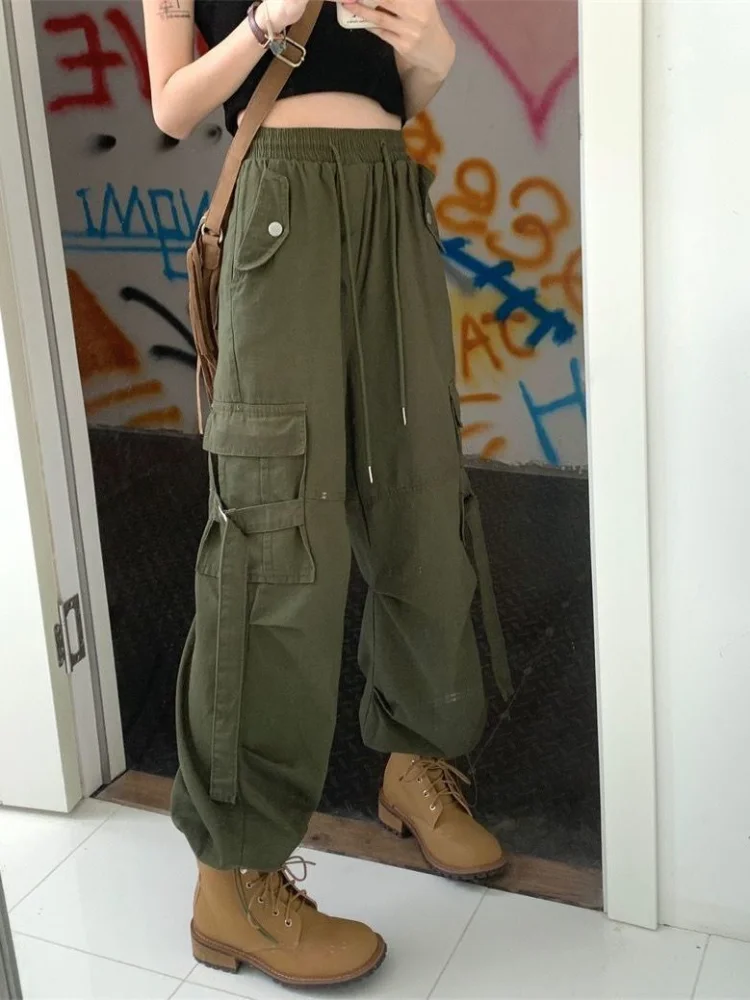 HOUZHOU Vintage Cargo Pants For Women Y2K Parachute Streetwear