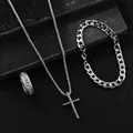 3pcs/set Punk Black Cross Pendant Necklace Thick Chain Bracelet Ring Fashion Jewelry Sets  Men for Autumn preview-4