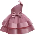 קיץ שמלת נסיכה חדשה לבנות בגילאי 0-5 עם קשת וכתף אלכסונית הופעה מסיבת יום הולדת שמלת ערב אלגנטית לילדה