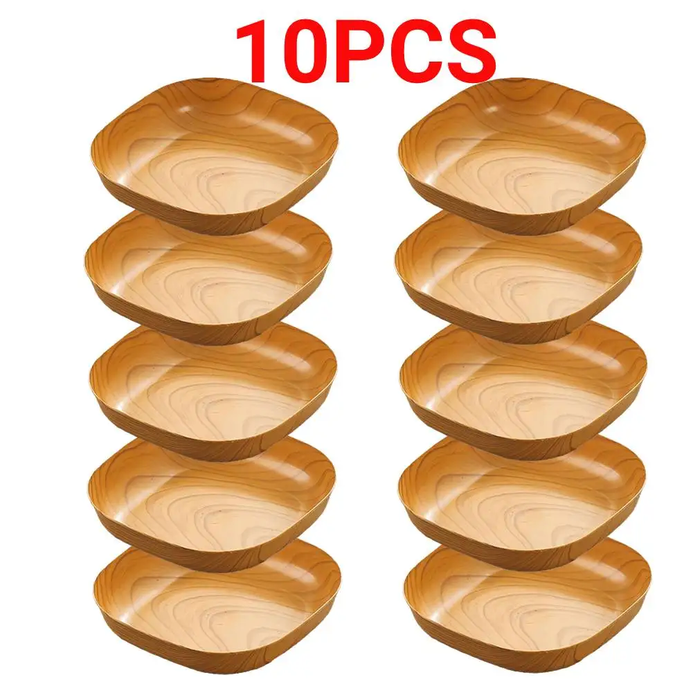 10PCS Japanese-style Plastic Dish Multifunctional Simple Imitation Wood Grain Bone Spitting Dish Household Food Grade Fruit Bowl-animated-img