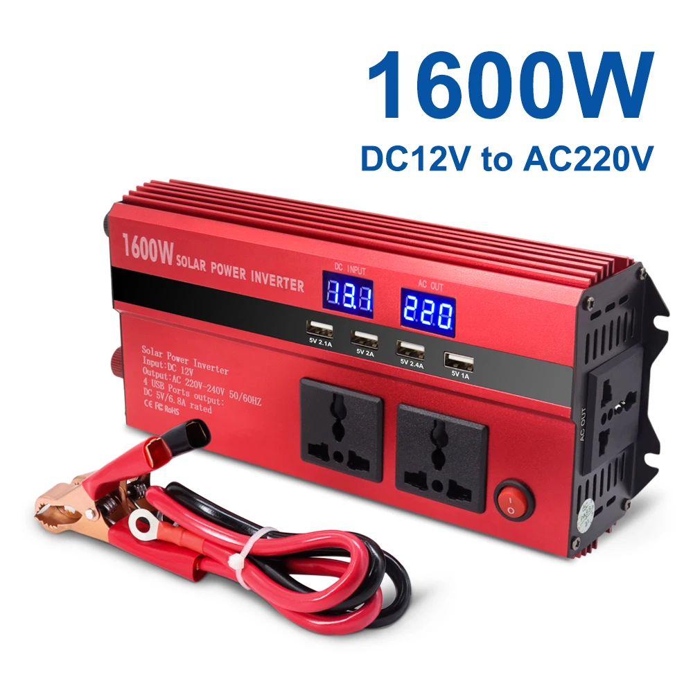 Inverter di potenza da 1600 W da CC 12 V a CA 220 V caricabatteria per auto con display a LED 6.8A 4 porte USB 3 prese universali da 220 V CA