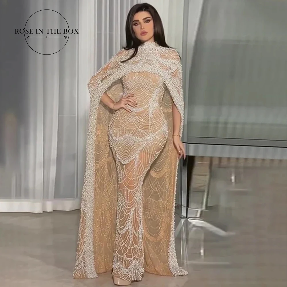 Luxury Beaded Evening Dresses Dubai Nude Mermaid Elegant Long Cape Sleeves Arabia Formal Gowns Customized 2024 For Women Party-animated-img