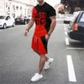 men's 3D letter line splicing outdoor vacation casual street wear round neck short sleeved T-shirt shorts sports set of 2 pieces preview-2