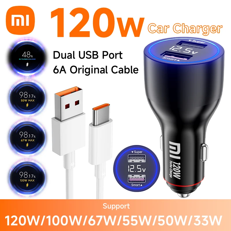 120W Xiaomi Dual USB Car Charger 67W 6A Turbo Fast Charging Adapter For Mi 15 14 13 13T 12 Pro Redmi Note K60 Phone Charge Cable-animated-img