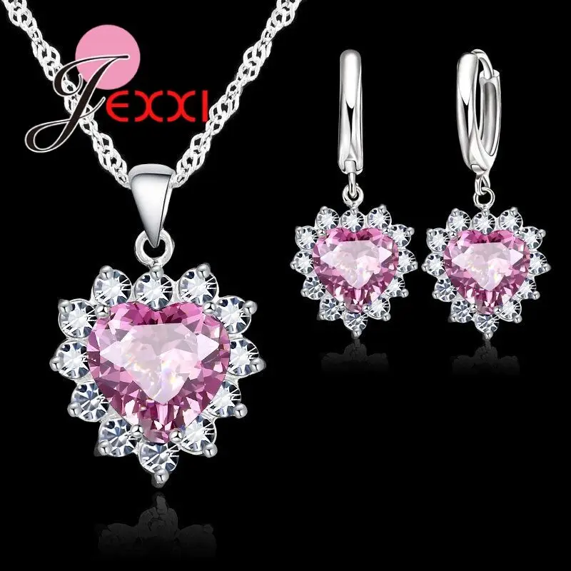 Romantic Genuine 925 Sterling Silver Sweet Heart Pink Dazzling Crystals Delicate Accessory For Women Girls Jewelry Set-animated-img