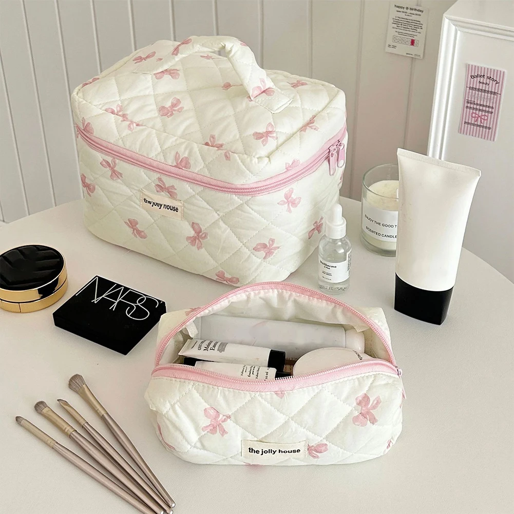Cute Bow Flower Quilting Cotton Makeup Bag Women Zipper Cosmetic Organizer Female Cloth Handbag Portable Toiletry Case for Girls-animated-img