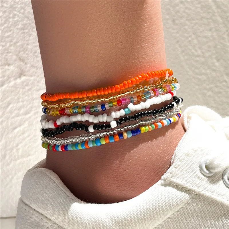 Modyle 7pcs/Set New Handmade Beaded Anklet Bracelets Rainbow Color Elastic Ankle Bracelet On The Leg Foot Beach Jewelry-animated-img