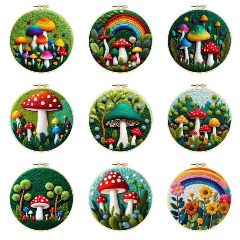 Colorful Mushrooms Felt Starter Kits For Adults Diy Wool Felting Painting Beginners Kit Embroidery Frame Wool Needlework Crafts-animated-img