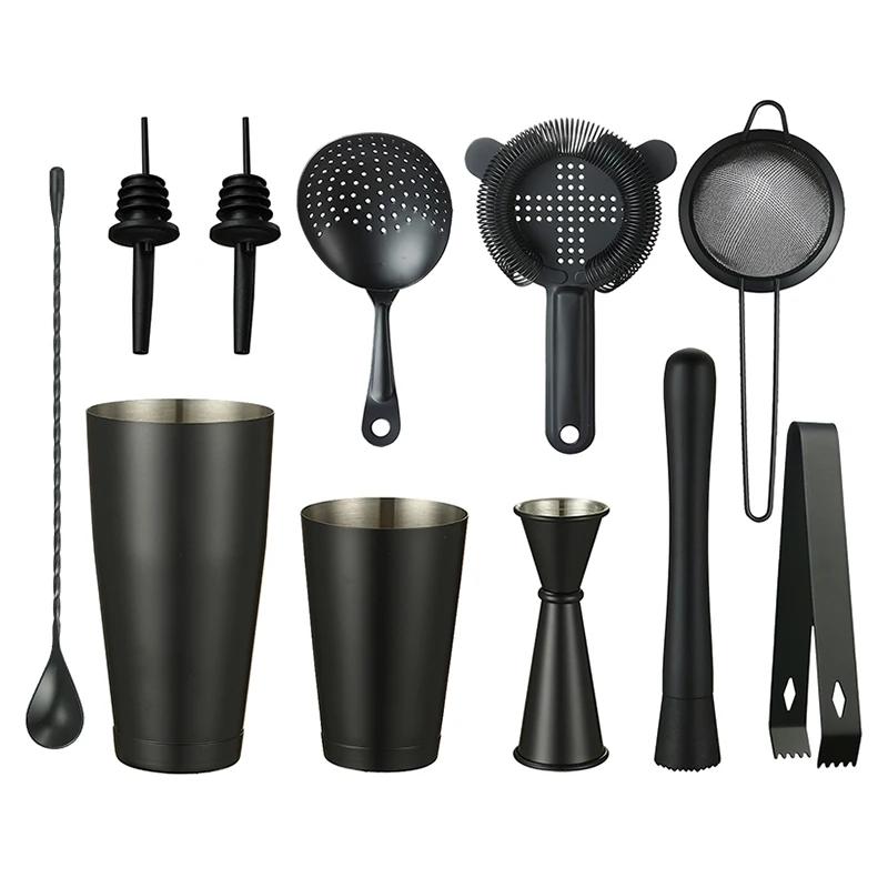 Cocktail Shaker Bar Set: 2 Weighted Boston Shakers, Cocktail Strainer Set,Jigger,Muddler and Spoon, Ice Tong and 2 Bottle Pourer-animated-img