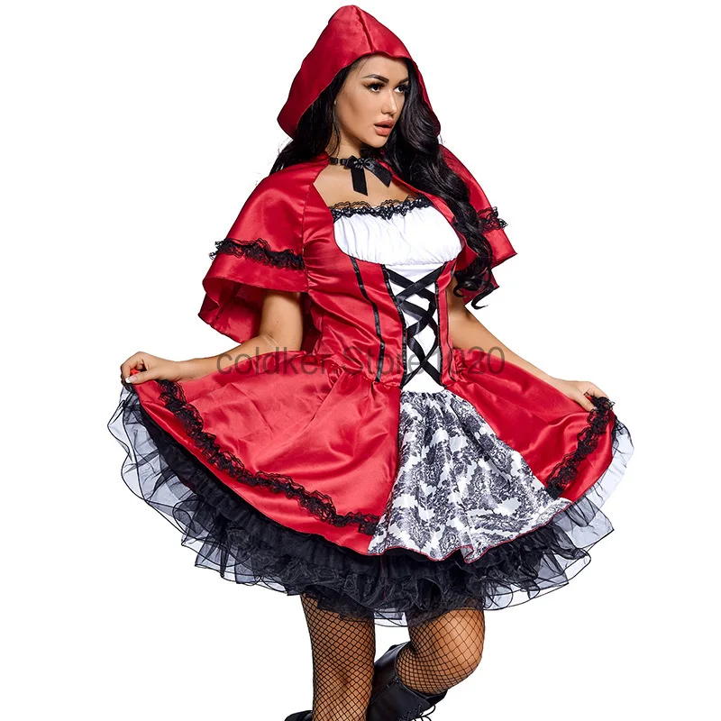 New Women Little Red Riding Hood Costume Modern Version Of Stage Performance Dress With Shawl Adult Halloween Role Play Costumes-animated-img