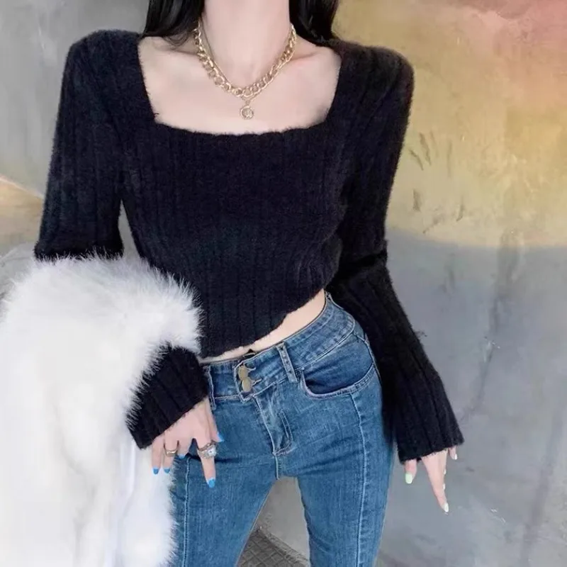 Autumn Winter Knitting Crop Tops Women Skinny Sweaters Bottom Shirts Fashion Female Long Sleeve Pullover Casual Knitted Sweater-animated-img