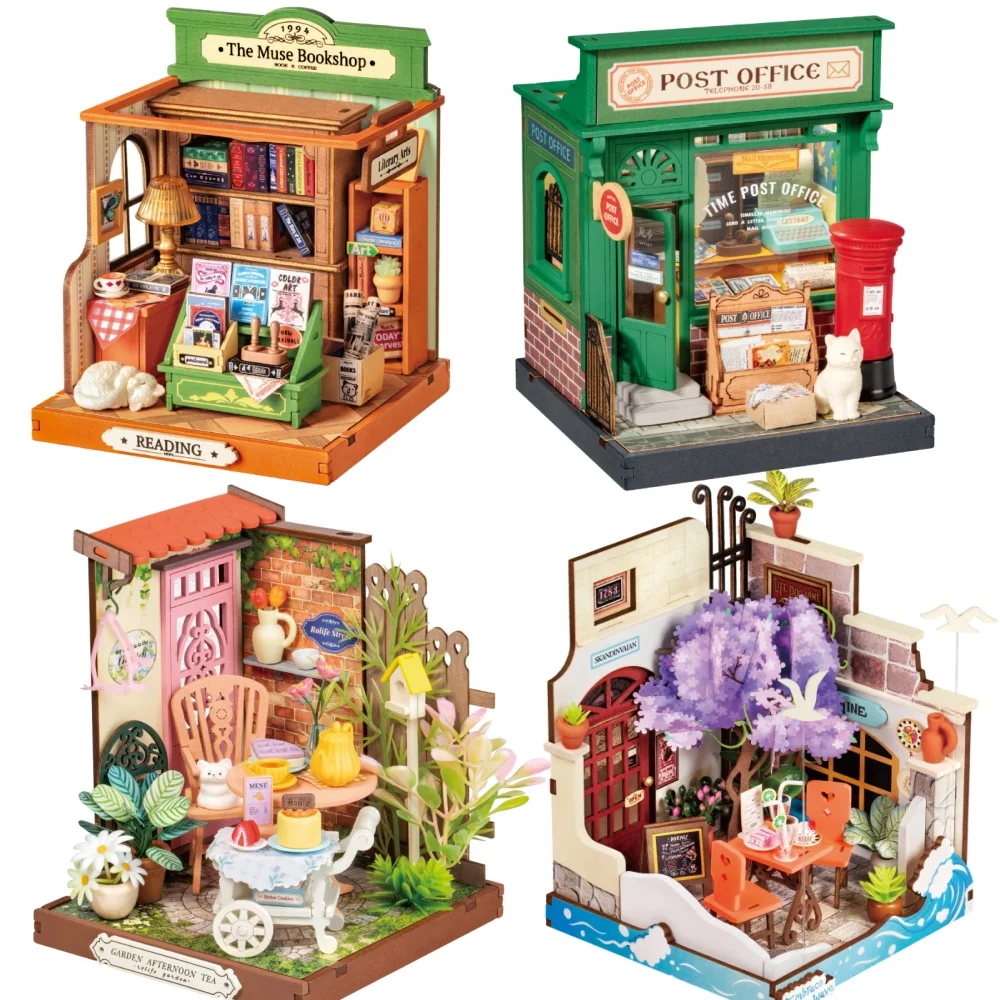 Robotime rolife DIY Miniature House Century Postoffice kit Sea Holiday Restaurant Muse Bookshop  Fancy Tea Yard kit for Adult-animated-img