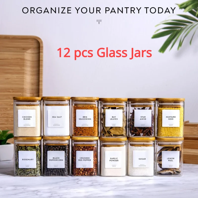 12 Pcs Square or Round Glass Food Storage Containers Glass Seasonning Jars with Bamboo Lid Printed Labels Kitchen Organization-animated-img