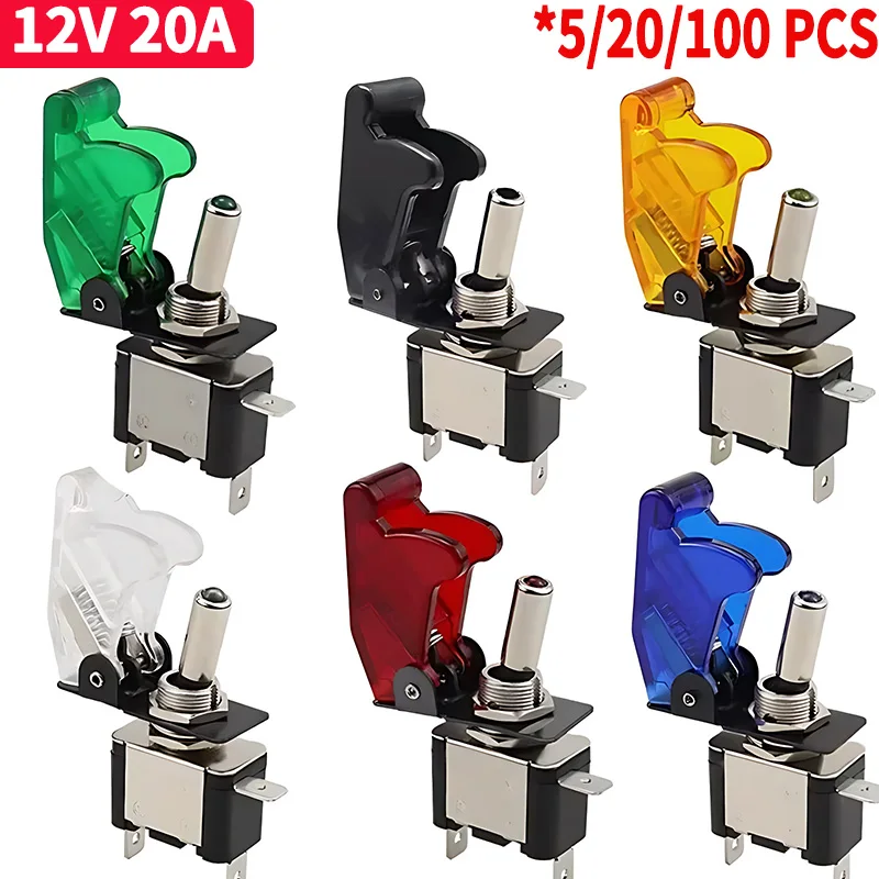 Auto Car Boat Truck 12V20A LED Toggle Switch Light Illuminated 3pin ON Off with Safety Aircraft Flip Up Cover Guard Red Green-animated-img