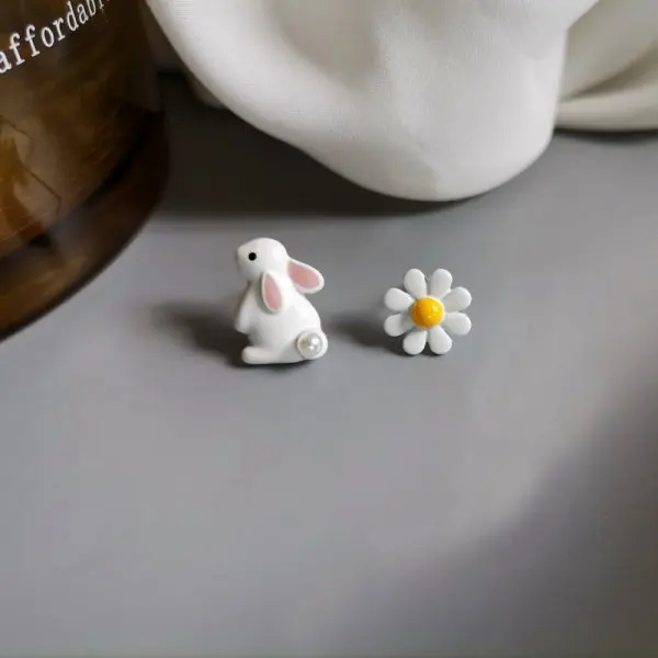 Cute Rabbit Pink Peach Stud Earrings For Women Sweet Daisy Flower Kitten Asymmetrical Earring Rose Tulip Exquisite Jewelry Gifts-animated-img