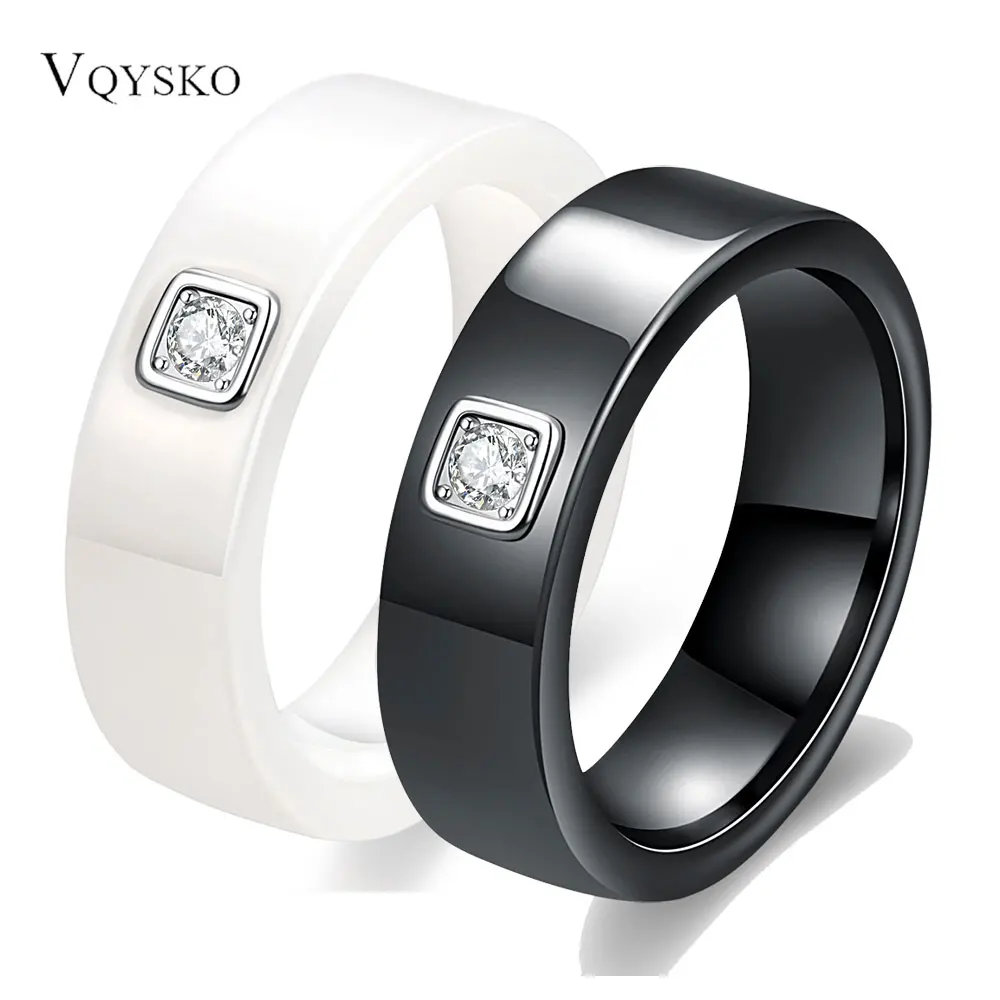 Exquisite 6mm Black/White Ceramic Rings For Women Dazzling Cubic Zircon Stainless Steel Engagement Wedding Ring Fashion Jewelry-animated-img