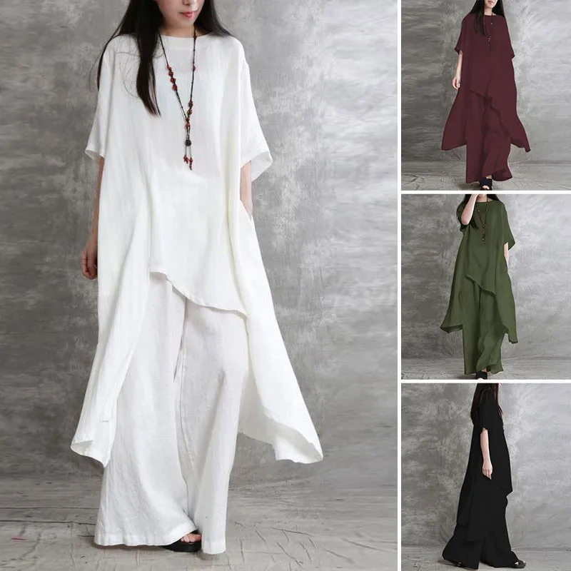 Women Cotton Linen Pant Sets 2 Pieces Casual Half Sleeve Solid Loose Blouse&High Elastic Waist Wide Leg Full Trousers Suits-animated-img